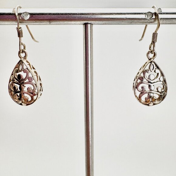 VTG Sterling Silver 925 Scroll Design Teardrop Dangle Earrings Size 1.25" Length - Picture 1 of 11